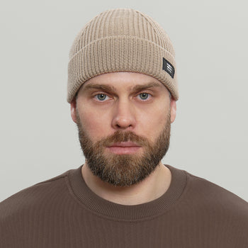 Merino Short Beanie Hat Morse Code Logo RD-MRNSBHMCL BEIGE