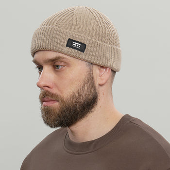 Merino Short Beanie Hat Morse Code Logo RD-MRNSBHMCL BEIGE